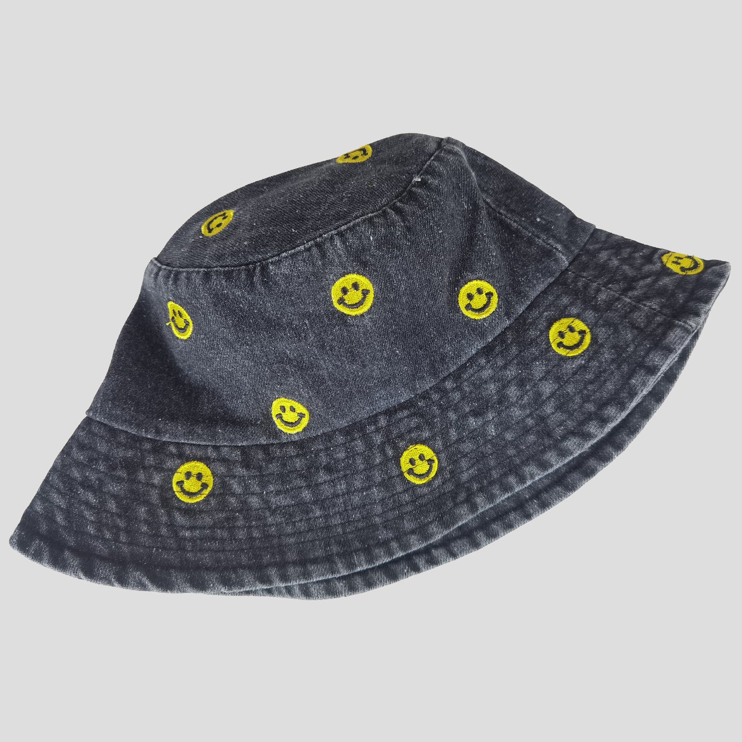 Women's Denim Bucket Hat Foldable with Smiley Face Embroidery