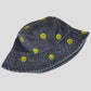 Women's Denim Bucket Hat Foldable with Smiley Face Embroidery