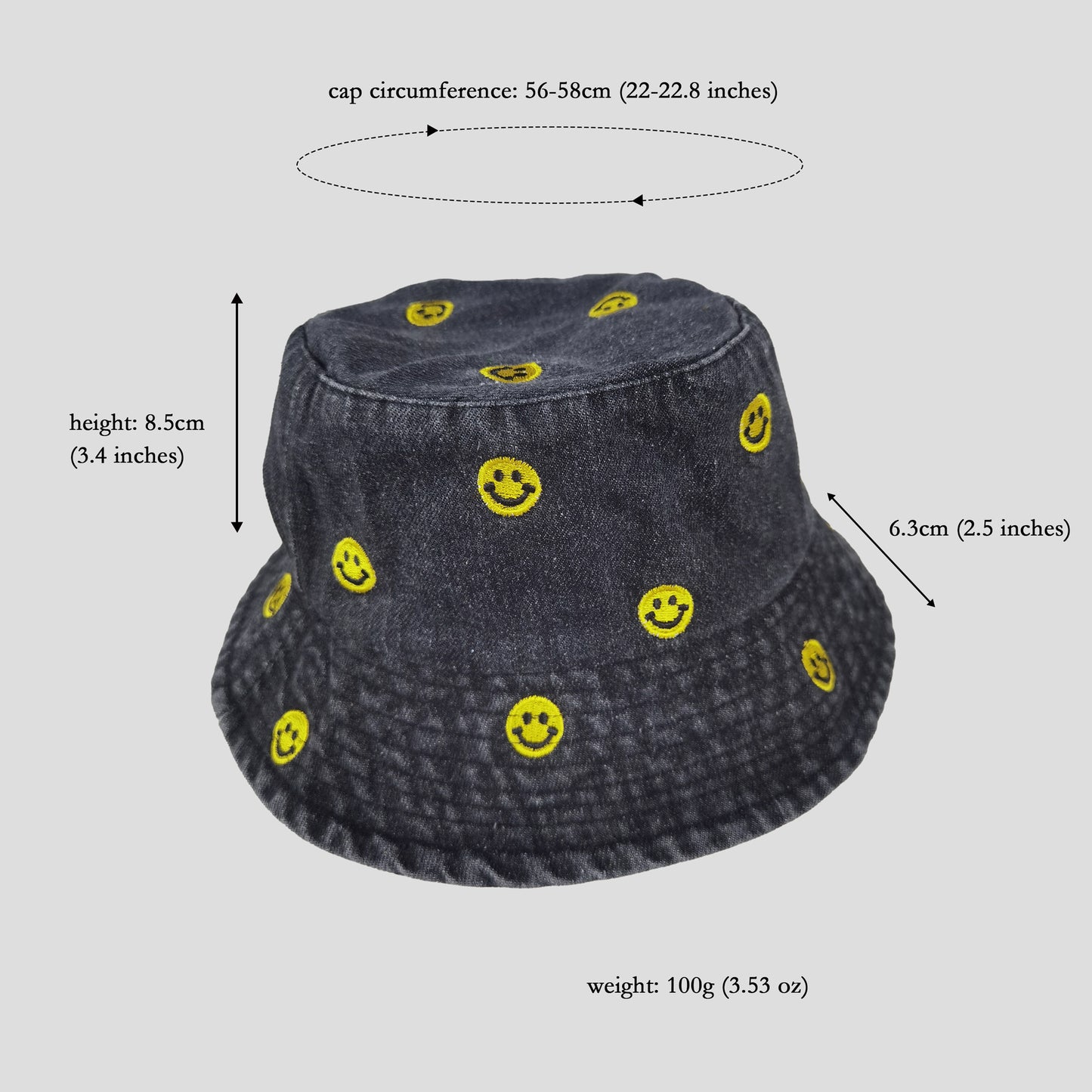 Women's Denim Bucket Hat Foldable with Smiley Face Embroidery
