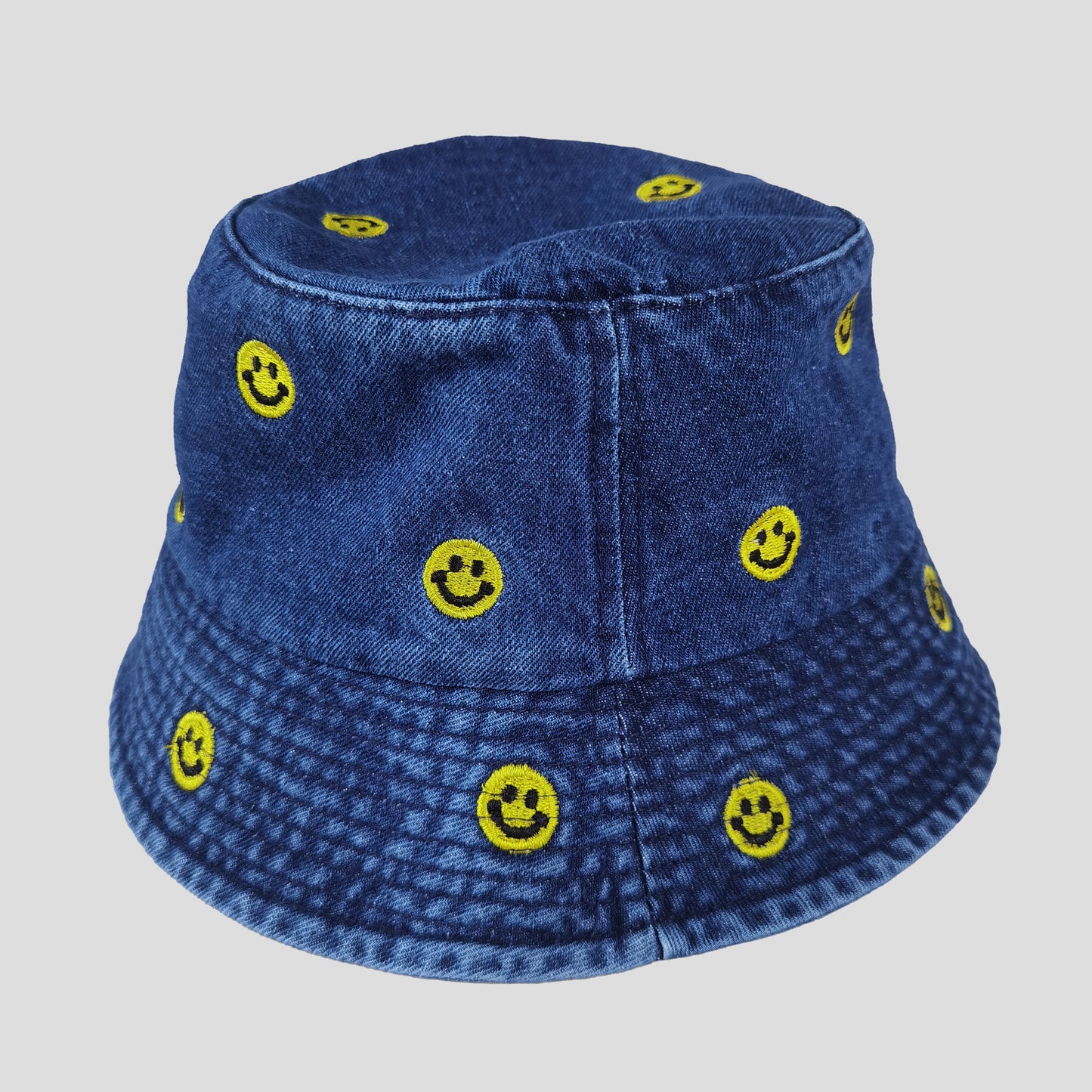 Women's Denim Bucket Hat Foldable with Smiley Face Embroidery
