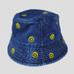 Women's Denim Bucket Hat Foldable with Smiley Face Embroidery