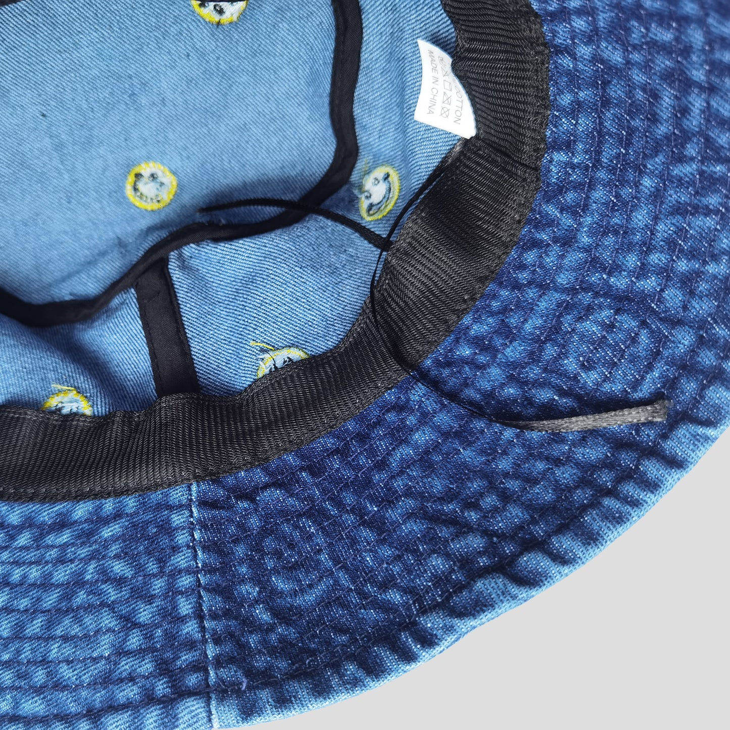 Women's Denim Bucket Hat Foldable with Smiley Face Embroidery