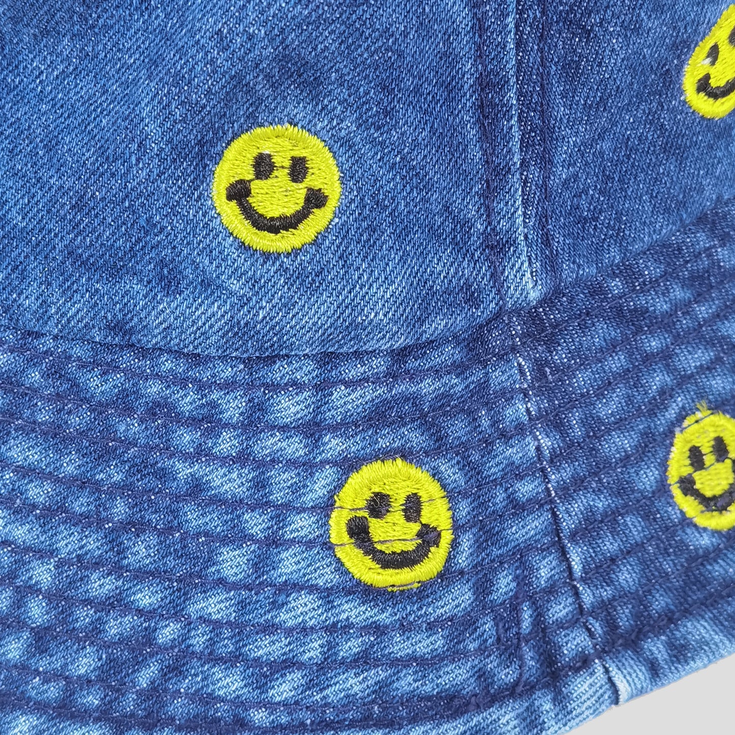 Women's Denim Bucket Hat Foldable with Smiley Face Embroidery