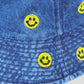 Women's Denim Bucket Hat Foldable with Smiley Face Embroidery