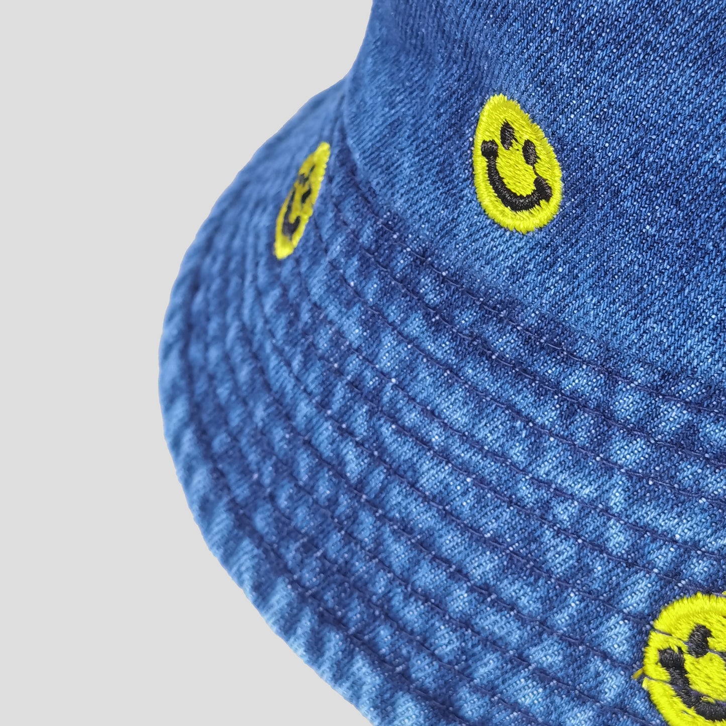 Women's Denim Bucket Hat Foldable with Smiley Face Embroidery