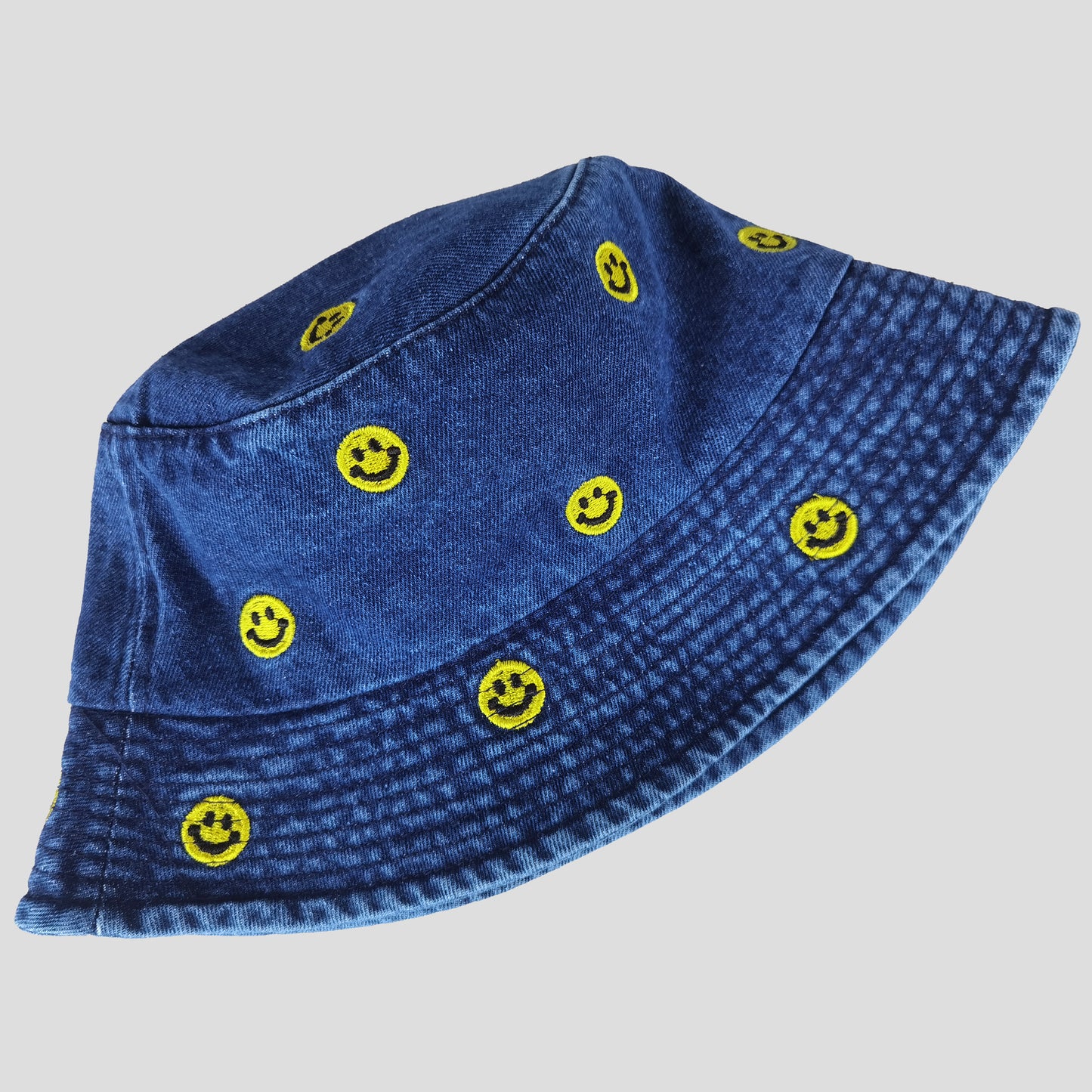 Women's Denim Bucket Hat Foldable with Smiley Face Embroidery