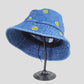 Women's Denim Bucket Hat Foldable with Smiley Face Embroidery