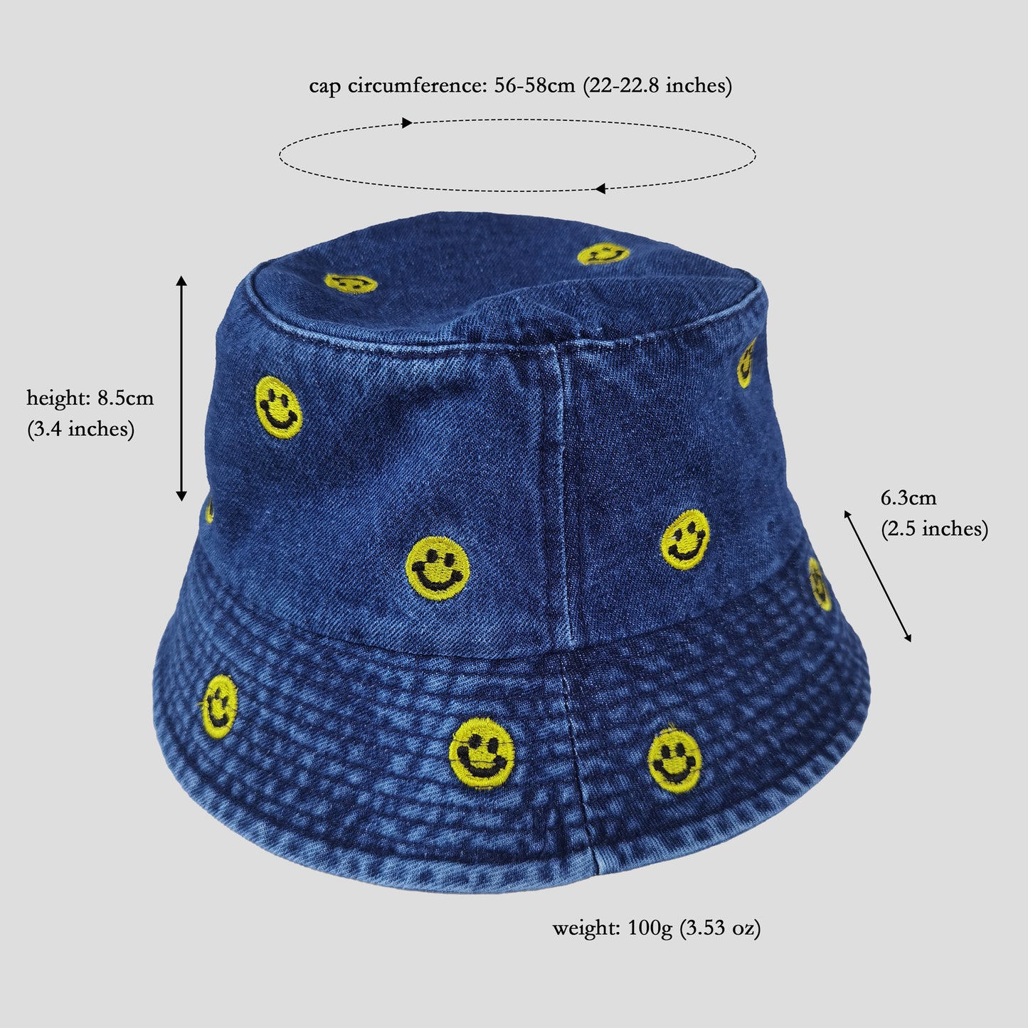 Women's Denim Bucket Hat Foldable with Smiley Face Embroidery