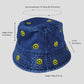 Women's Denim Bucket Hat Foldable with Smiley Face Embroidery