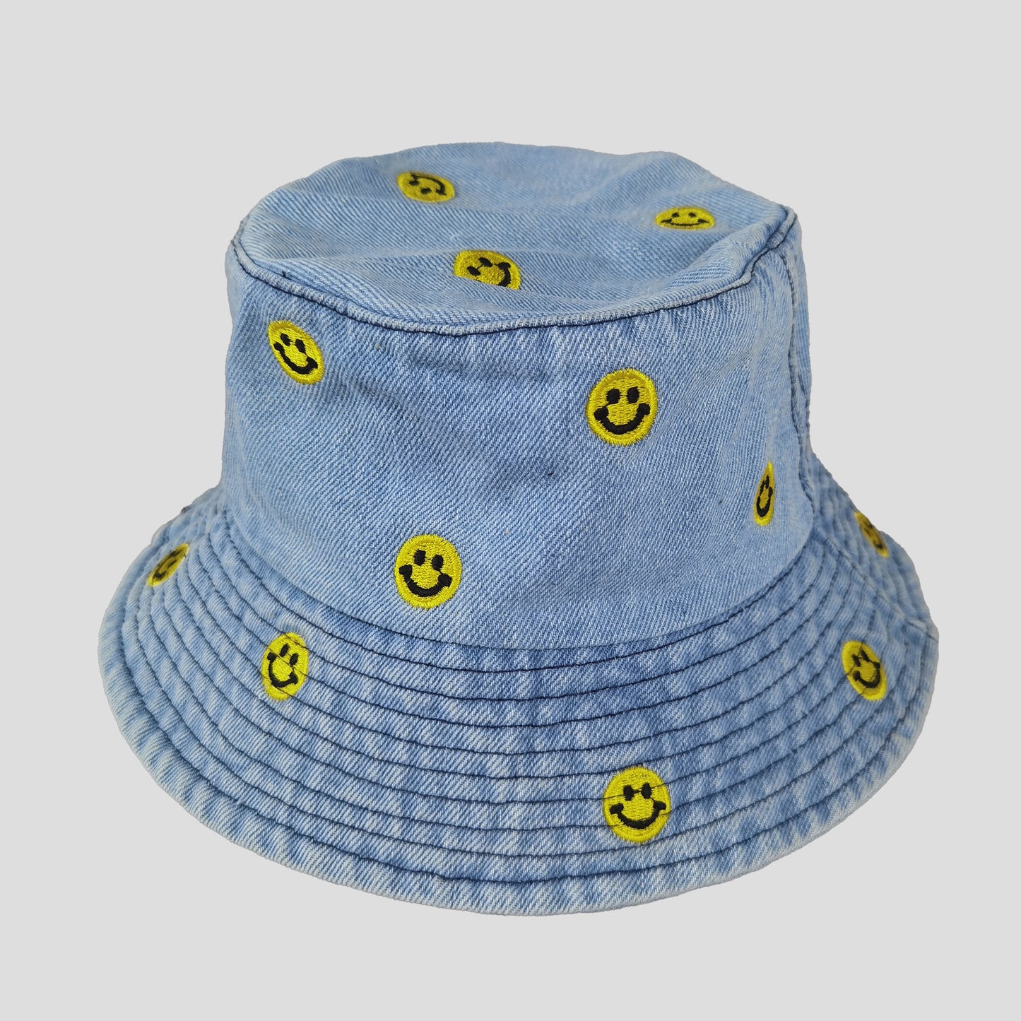 Women's Denim Bucket Hat Foldable with Smiley Face Embroidery