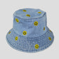 Women's Denim Bucket Hat Foldable with Smiley Face Embroidery