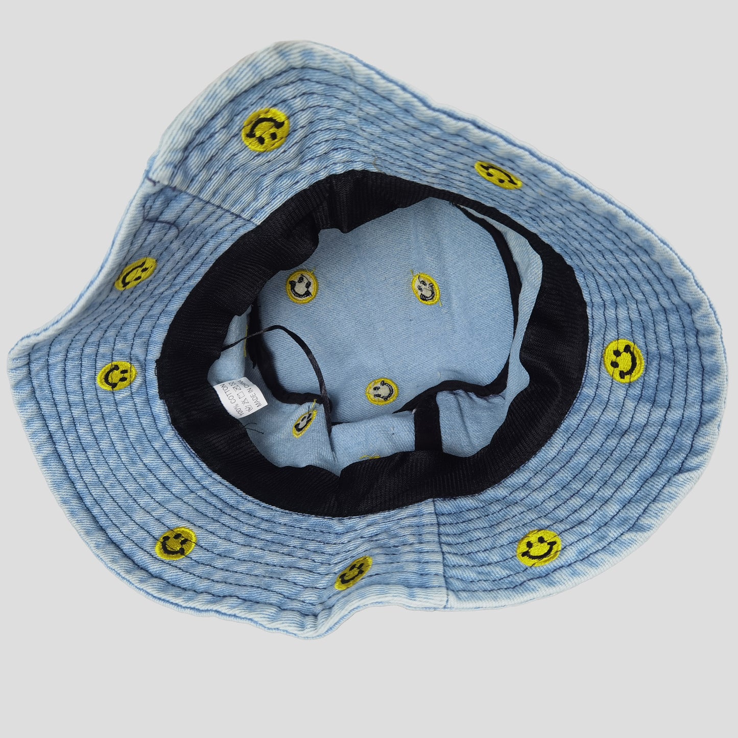 Women's Denim Bucket Hat Foldable with Smiley Face Embroidery