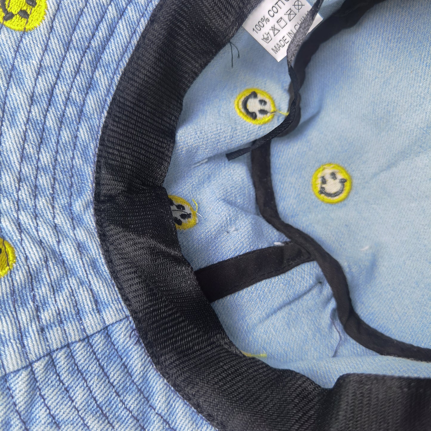 Women's Denim Bucket Hat Foldable with Smiley Face Embroidery