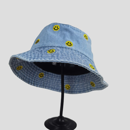 Women's Denim Bucket Hat Foldable with Smiley Face Embroidery