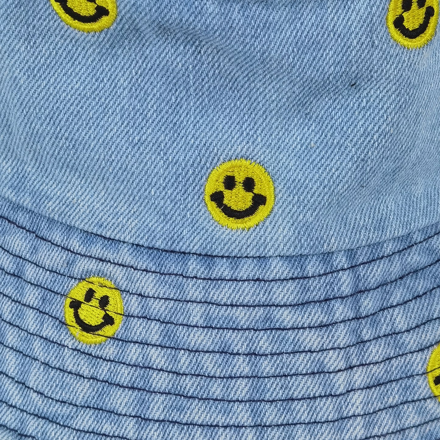 Women's Denim Bucket Hat Foldable with Smiley Face Embroidery