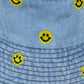 Women's Denim Bucket Hat Foldable with Smiley Face Embroidery