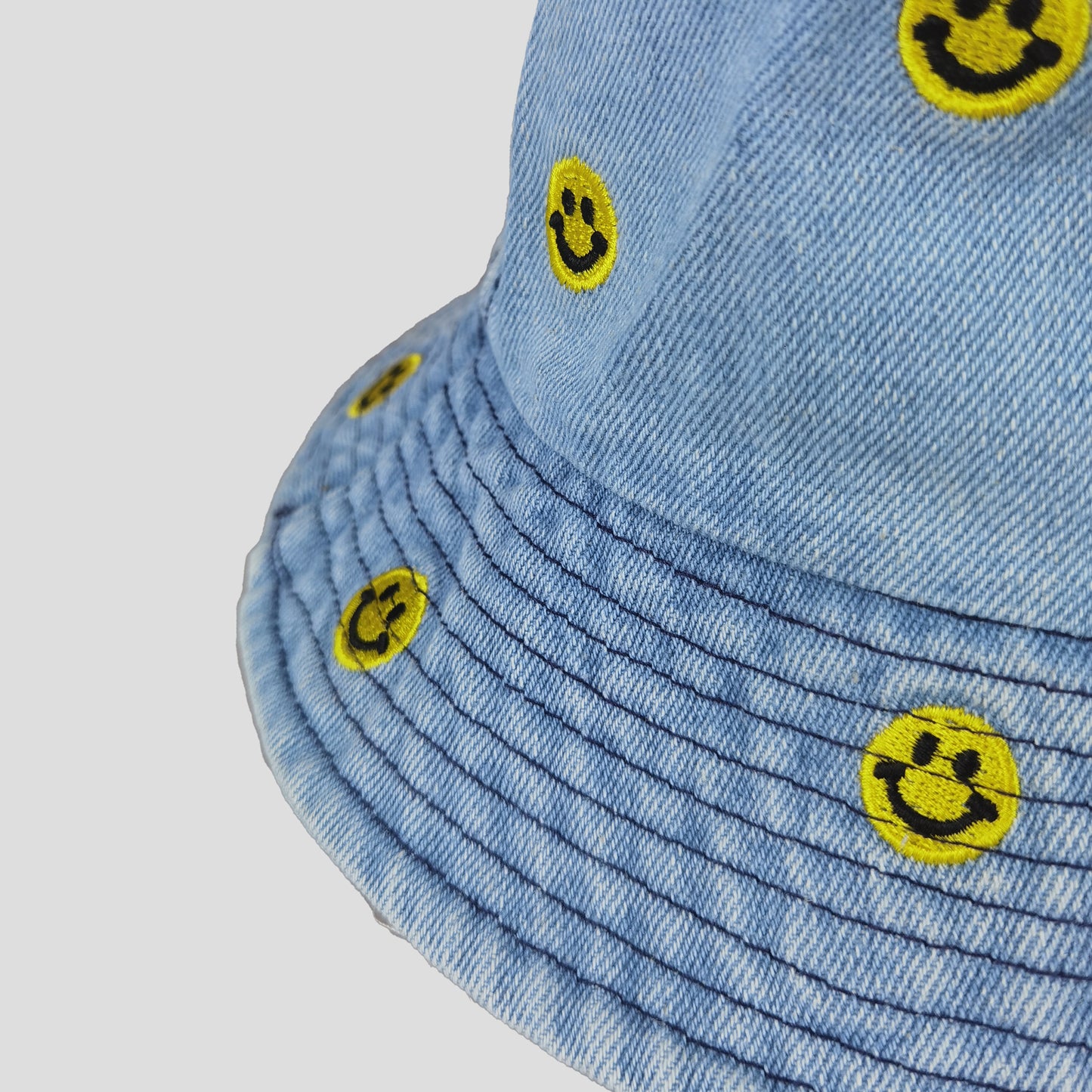 Women's Denim Bucket Hat Foldable with Smiley Face Embroidery