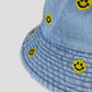 Women's Denim Bucket Hat Foldable with Smiley Face Embroidery