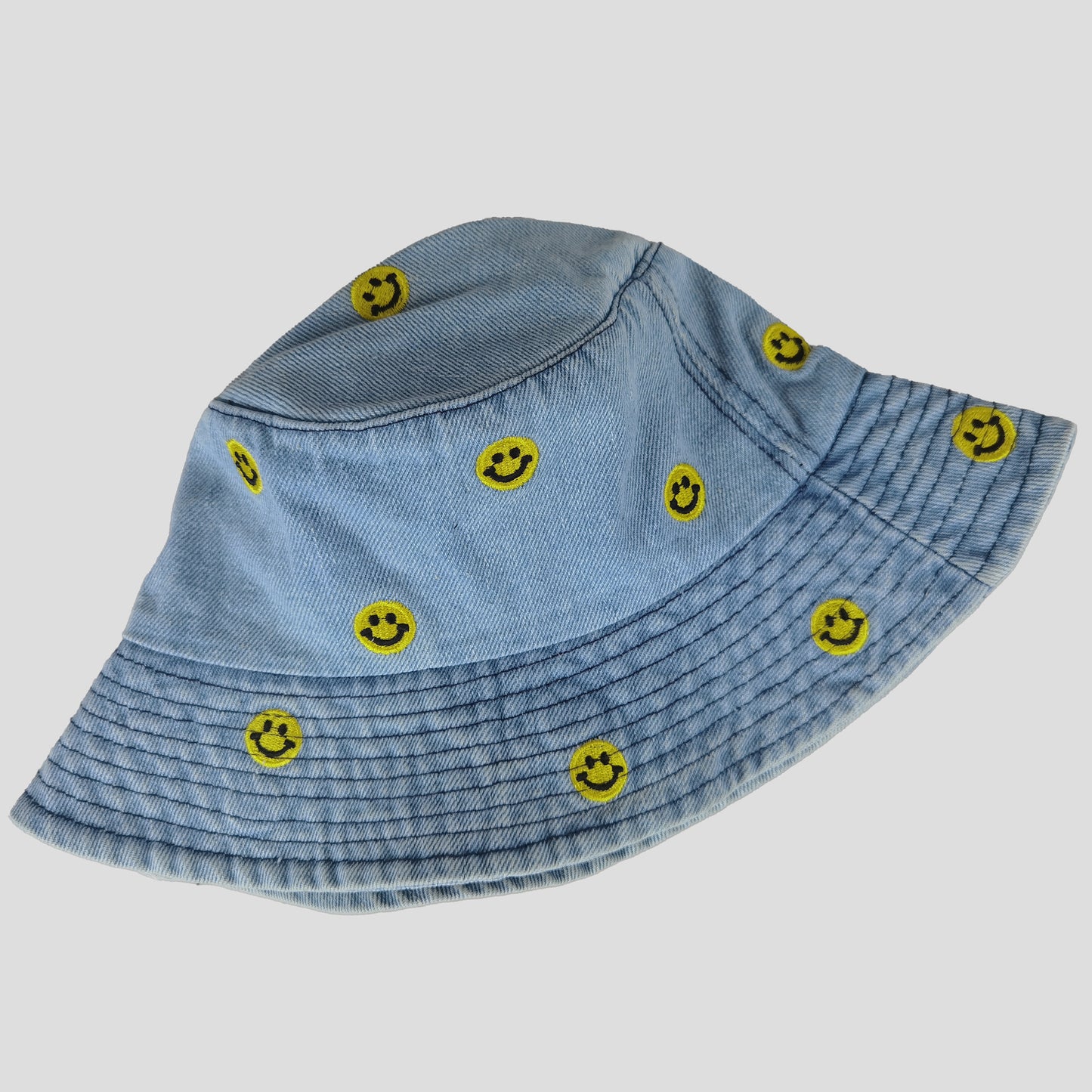 Women's Denim Bucket Hat Foldable with Smiley Face Embroidery