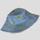 Women's Denim Bucket Hat Foldable with Smiley Face Embroidery