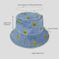 Women's Denim Bucket Hat Foldable with Smiley Face Embroidery