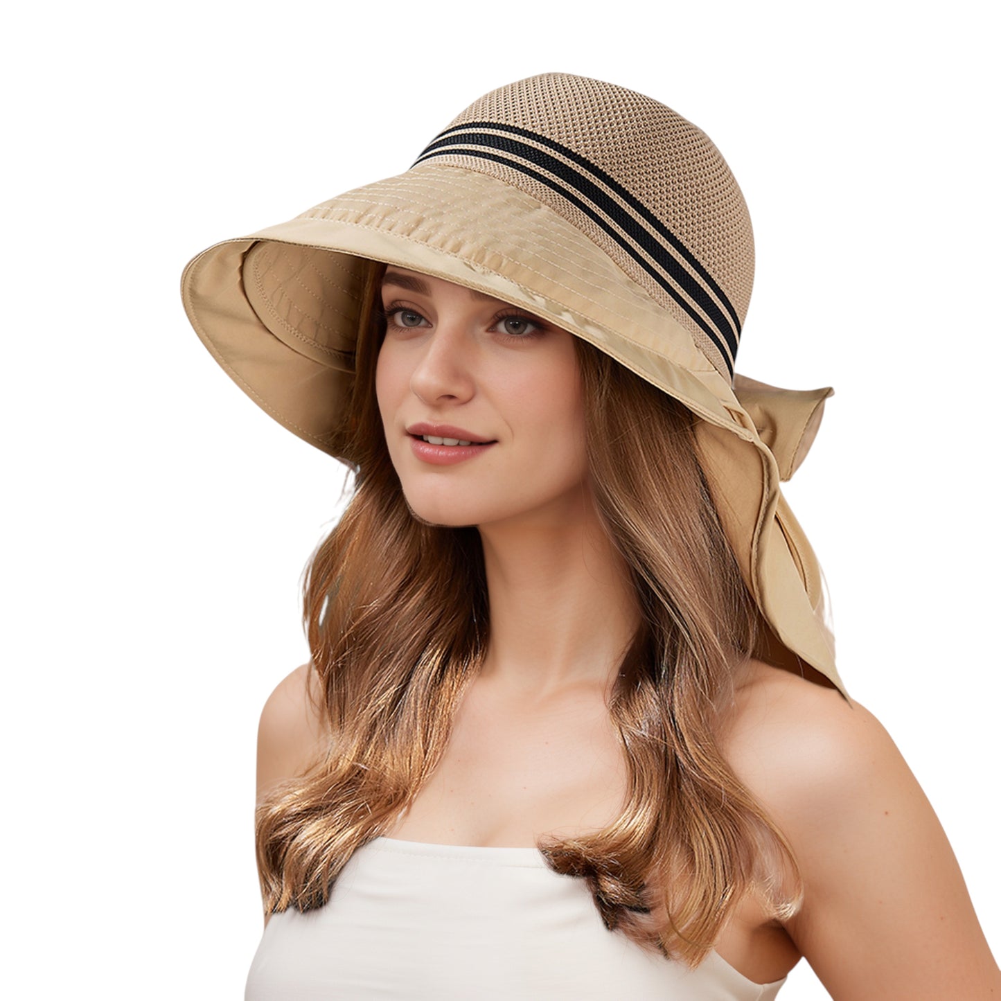 Wide Brim Mesh Sun Hat with Back Bow UV Protection Foldable Travel Hat for Women Outdoor Summer Style
