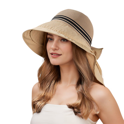 Wide Brim Mesh Sun Hat with Back Bow UV Protection Foldable Travel Hat for Women Outdoor Summer Style