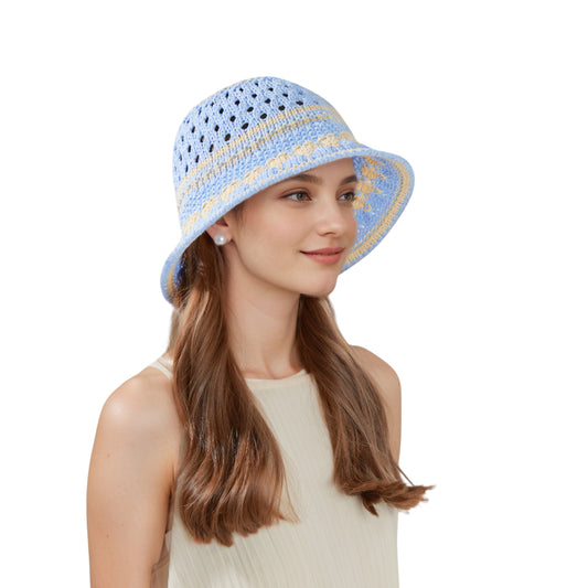 Crochet Knit Bucket Hat with Openwork Floral Pattern and Rolled Brim for Lightweight Summer Style