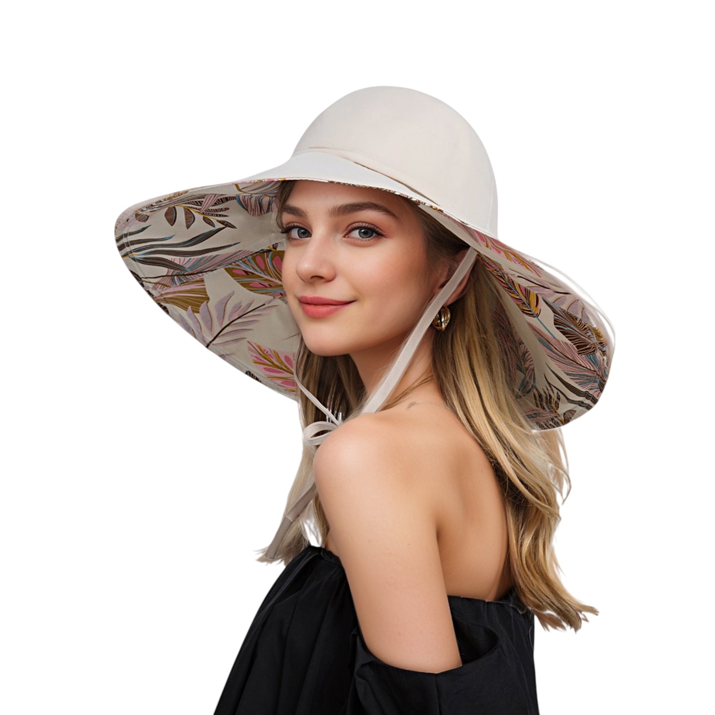 Wide Brim Sun Hat with Ponytail Hole Neck Tie Closure and Patterned Lining for UV Protection and Outdoor Style