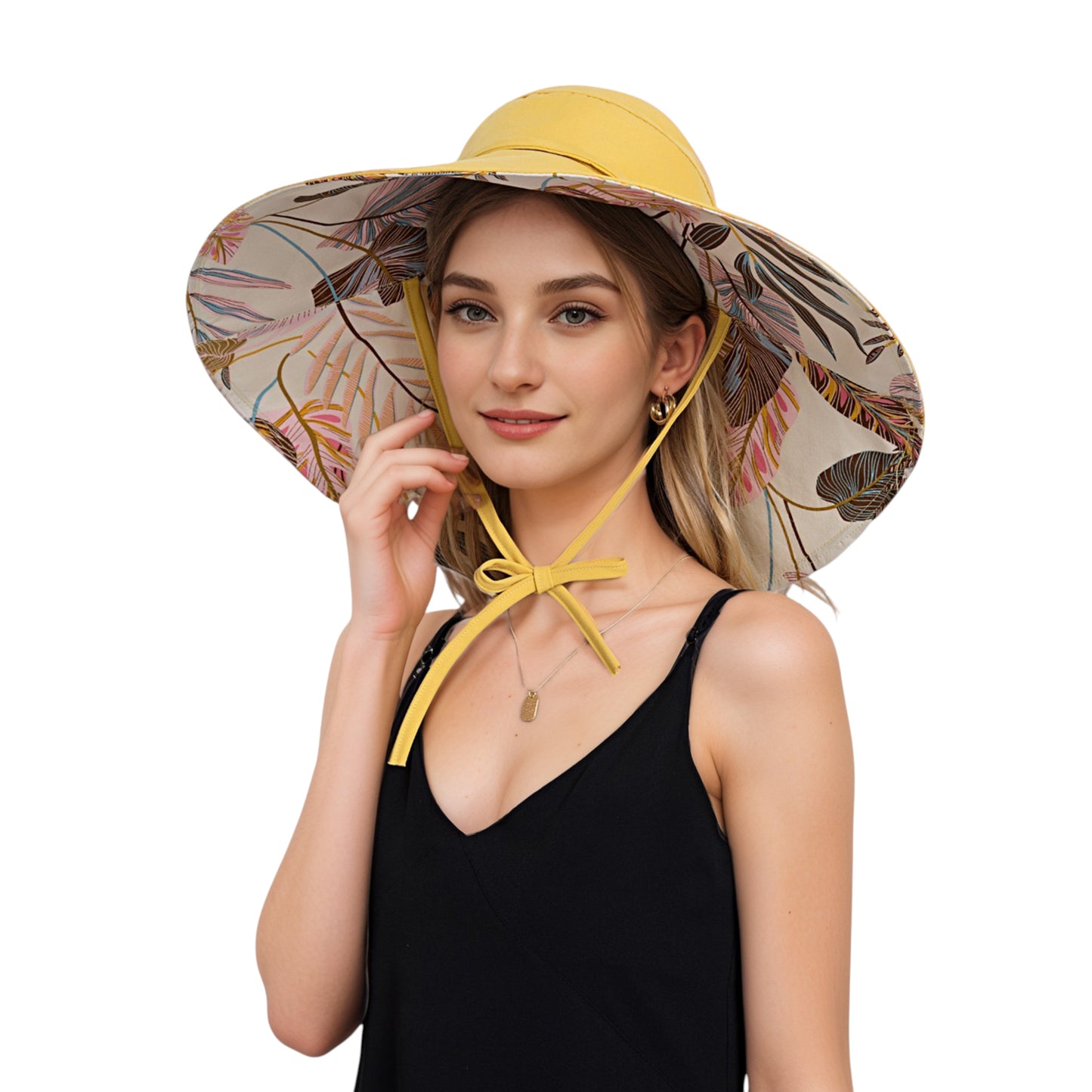Wide Brim Sun Hat with Ponytail Hole Neck Tie Closure and Patterned Lining for UV Protection and Outdoor Style