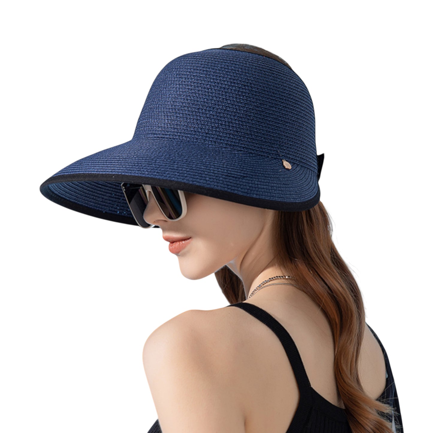 Roll Up Wide Brim Visor Sun Hat with Ponytail Hole and UV Protection Lightweight Packable Foldable Summer Cap