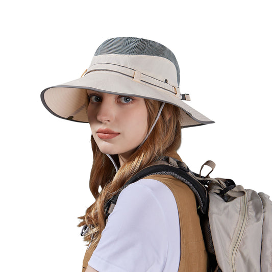 Wide Brim Outdoor Hat with Mesh Ventilation Snap-Up Sides and Chin Strap for Hiking, Beach, Travel, and Sun Protection