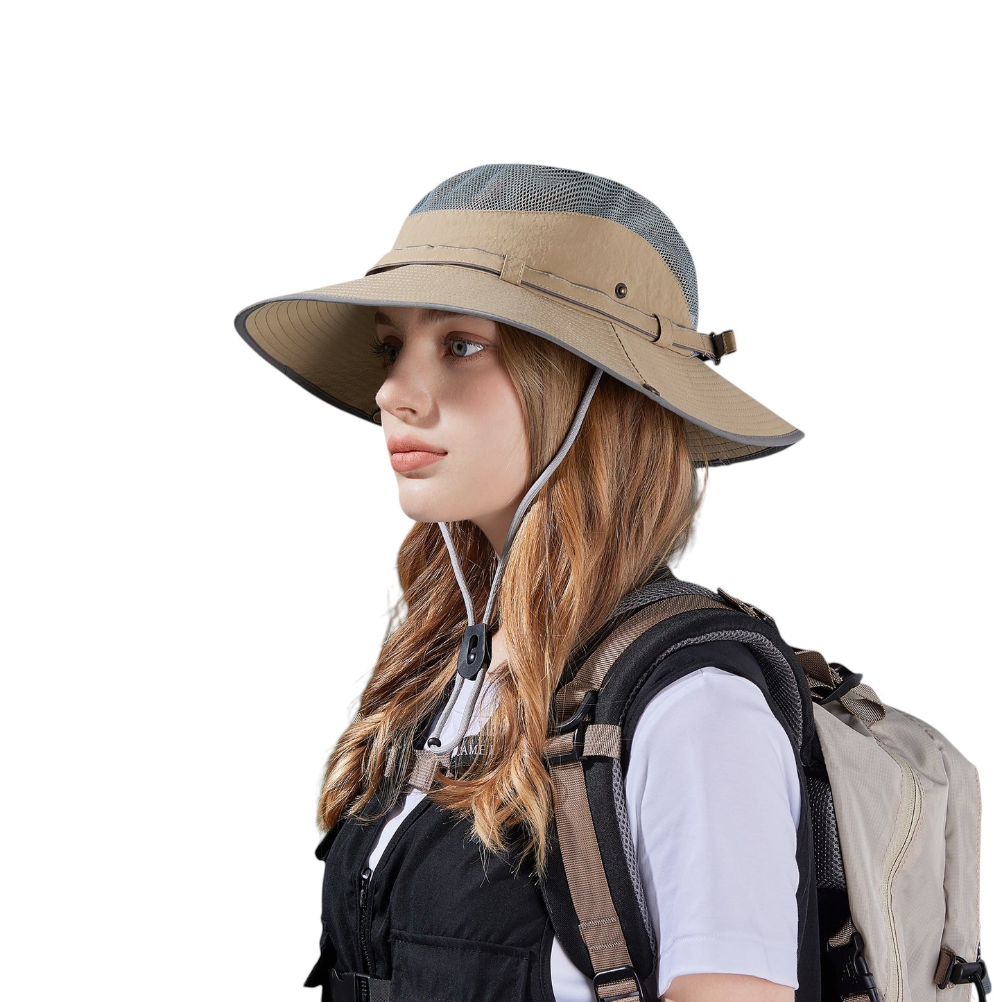 Wide Brim Outdoor Hat with Mesh Ventilation Snap-Up Sides and Chin Strap for Hiking, Beach, Travel, and Sun Protection