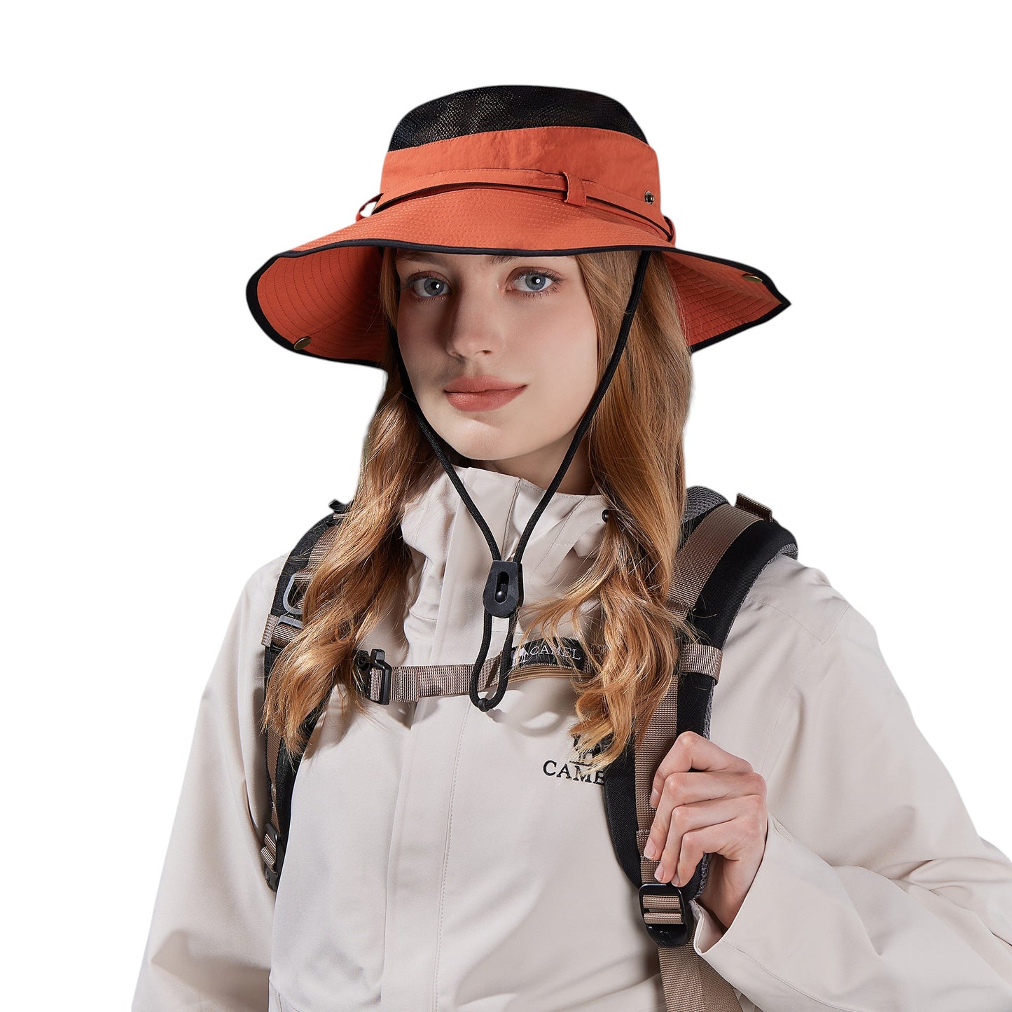 Wide Brim Outdoor Hat with Mesh Ventilation Snap-Up Sides and Chin Strap for Hiking, Beach, Travel, and Sun Protection