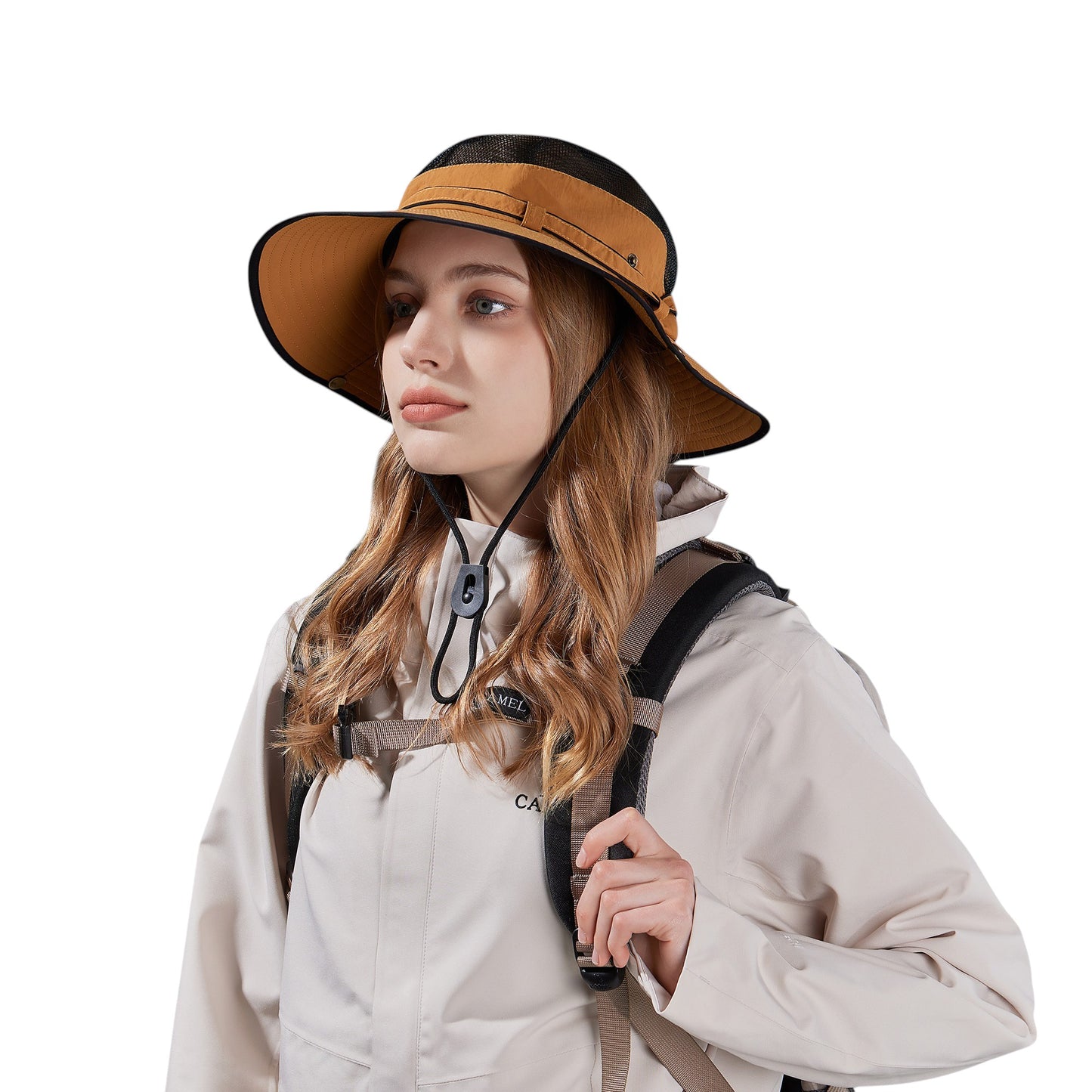 Wide Brim Outdoor Hat with Mesh Ventilation Snap-Up Sides and Chin Strap for Hiking, Beach, Travel, and Sun Protection
