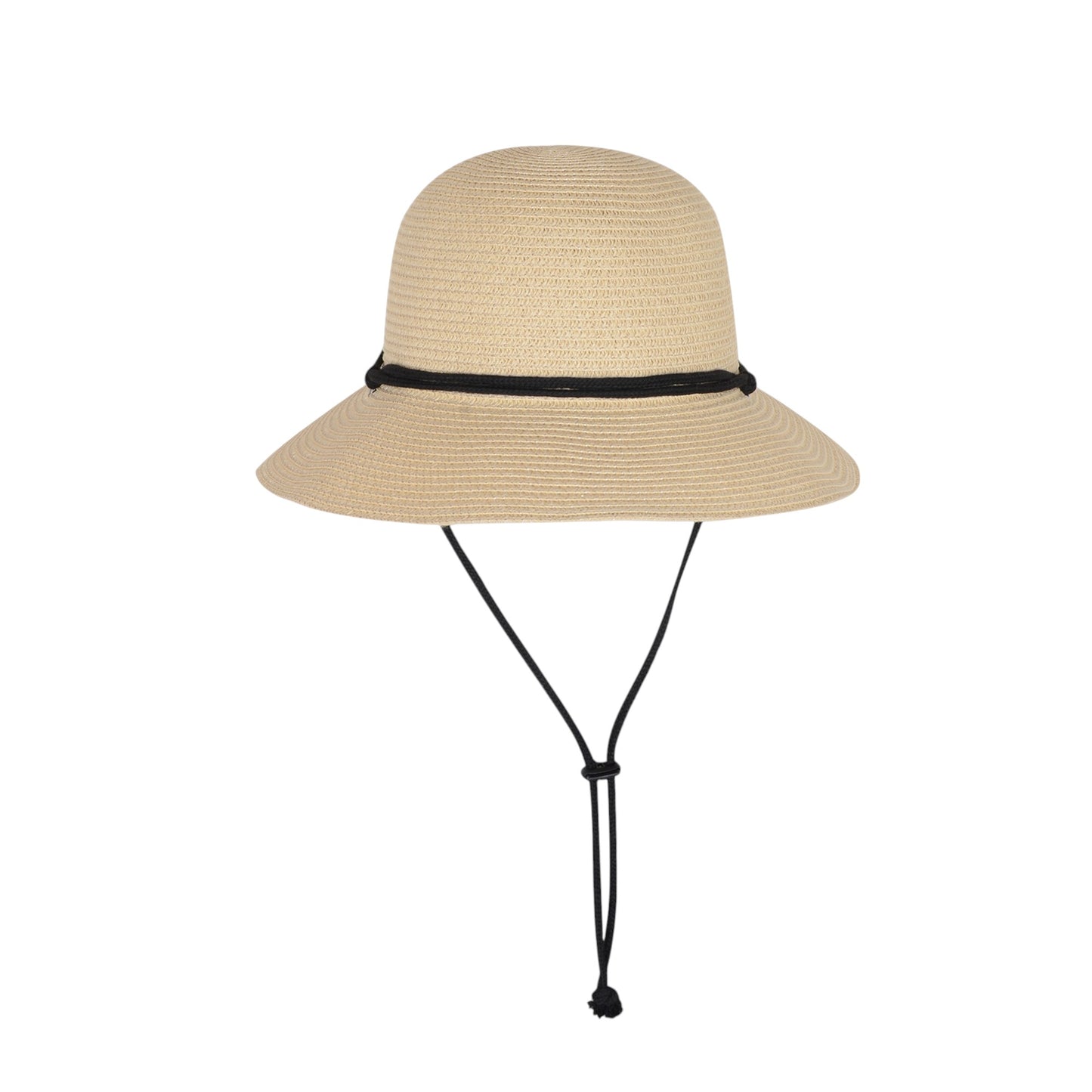 Wide Brim Straw Sun Hat with Chin Strap and Black Cord Detail for Outdoor Protection and Stylish Shade