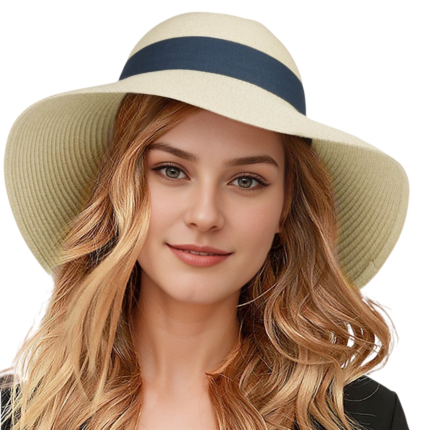 Wide Brim Straw Sun Hat with Black Ribbon Bow Adjustable Chin Strap Inner Sweatband for Outdoor and Travel Use