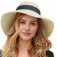 Wide Brim Straw Sun Hat with Black Ribbon Bow Adjustable Chin Strap Inner Sweatband for Outdoor and Travel Use