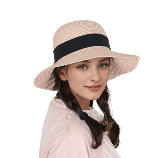 Wide Brim Straw Sun Hat with Black Ribbon Bow Adjustable Chin Strap Inner Sweatband for Outdoor and Travel Use