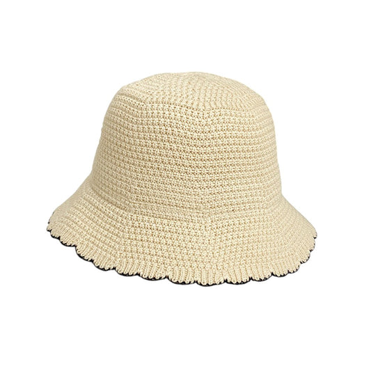 Women's Woven Floppy Bucket Hat with Scalloped Brim Edge Detail