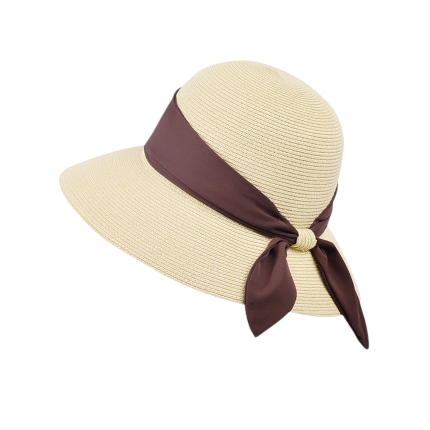 Women's Woven Floppy Sun Hat with Wide Ribbon Knot Detail and Curved Brim