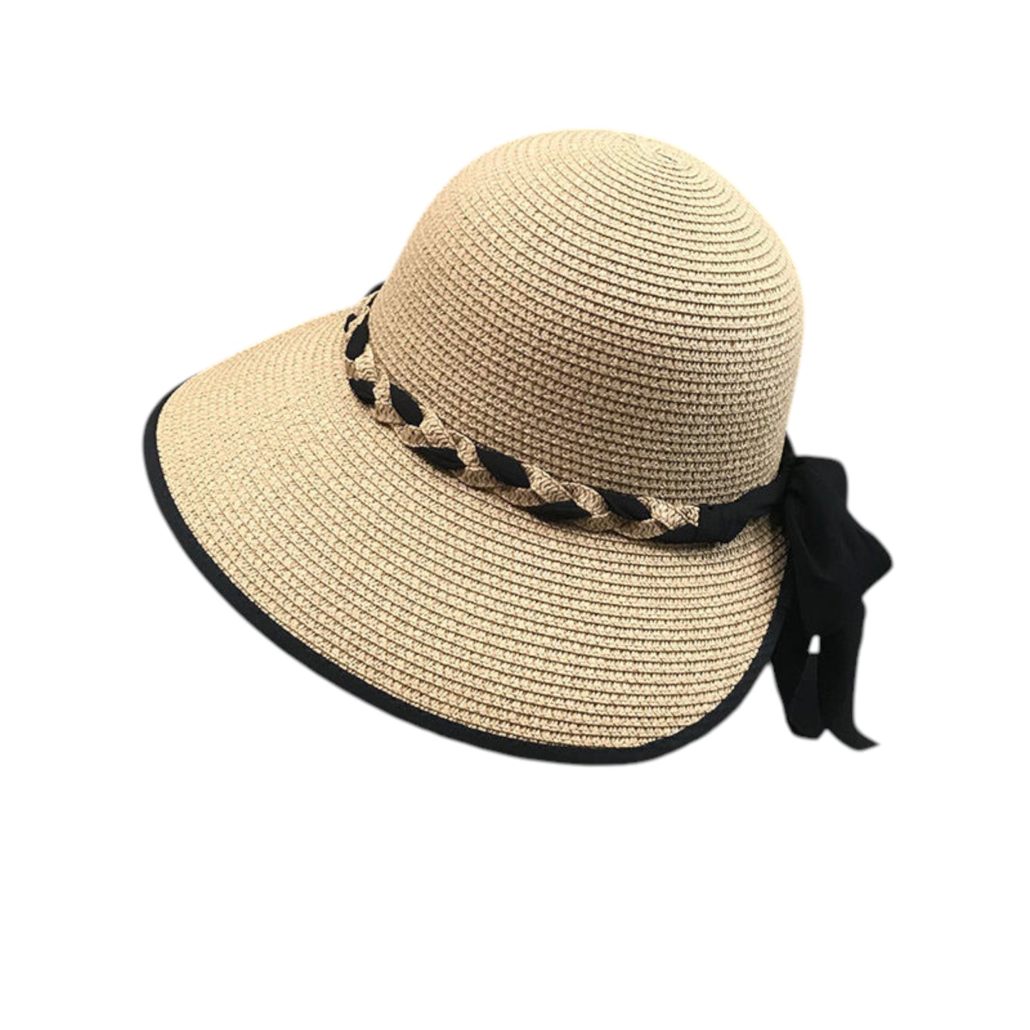 Women's Wide Brim Straw Hat with Braided Band and Contrast Bow Detail