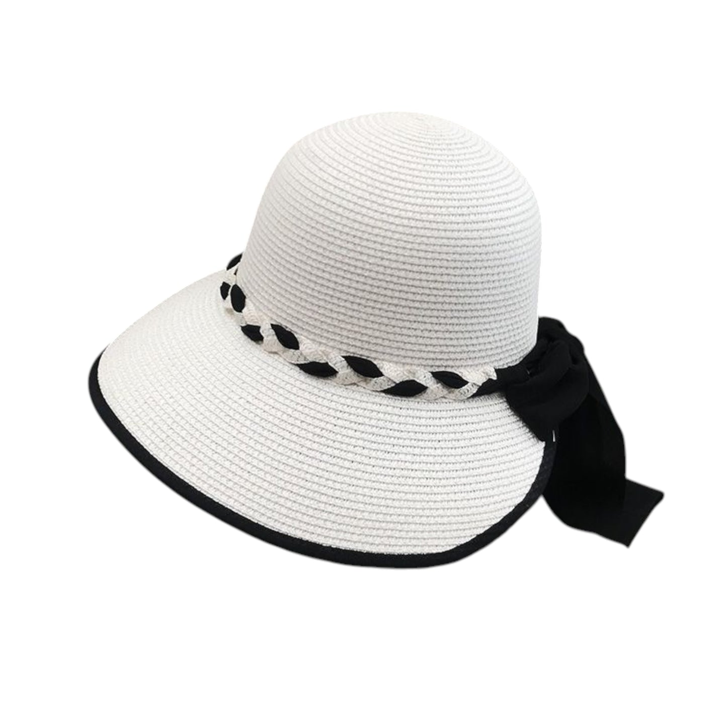 Women's Wide Brim Straw Hat with Braided Band and Contrast Bow Detail