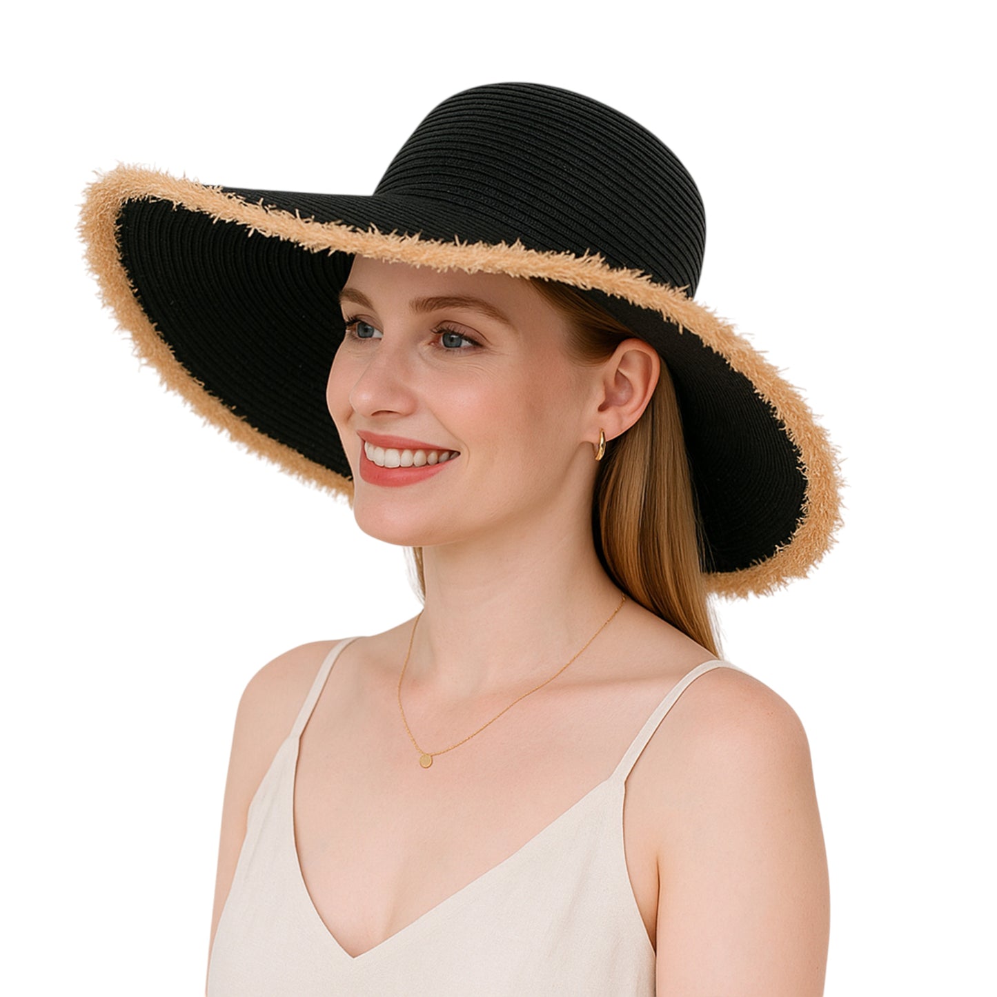 Wide Brim Straw Floppy Hat with Frayed Edges Lightweight Sun Protection for Beach Vacation Outdoor Travel Style