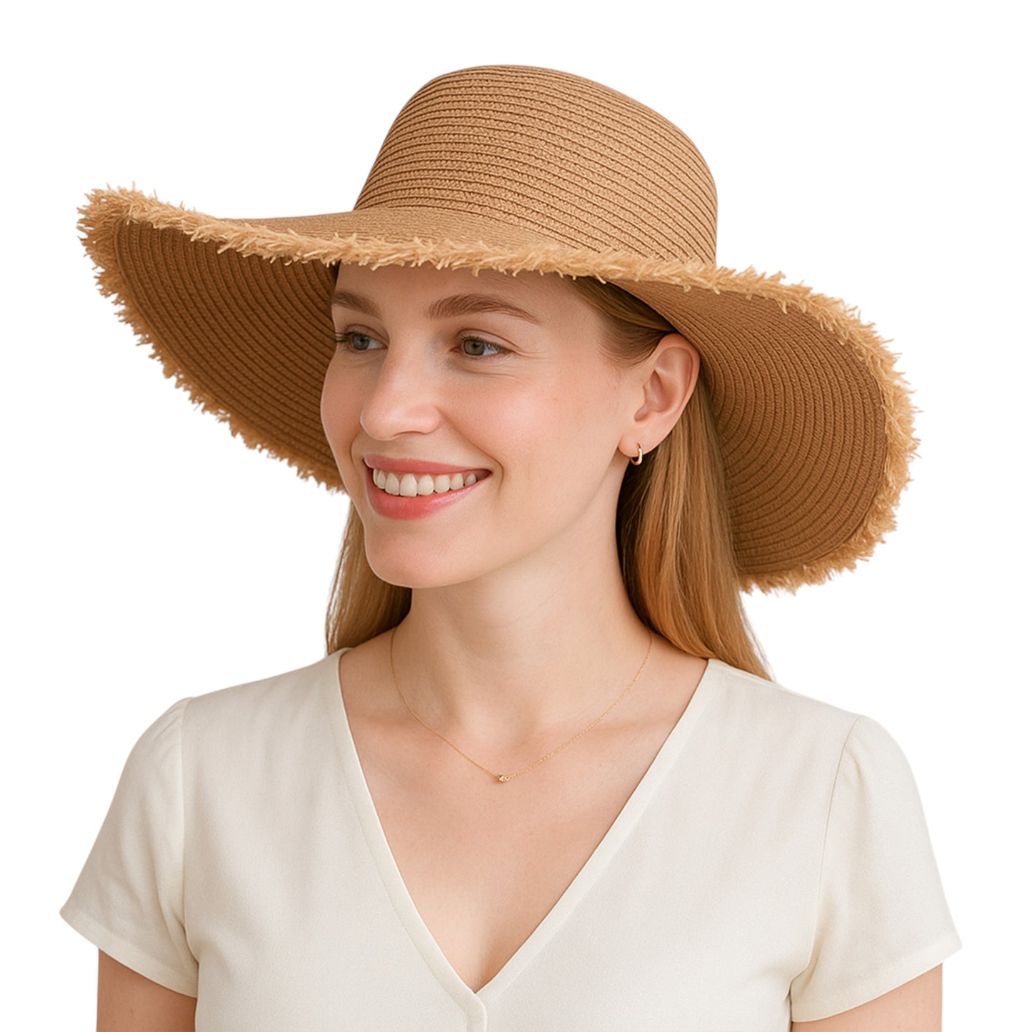 Wide Brim Straw Floppy Hat with Frayed Edges Lightweight Sun Protection for Beach Vacation Outdoor Travel Style
