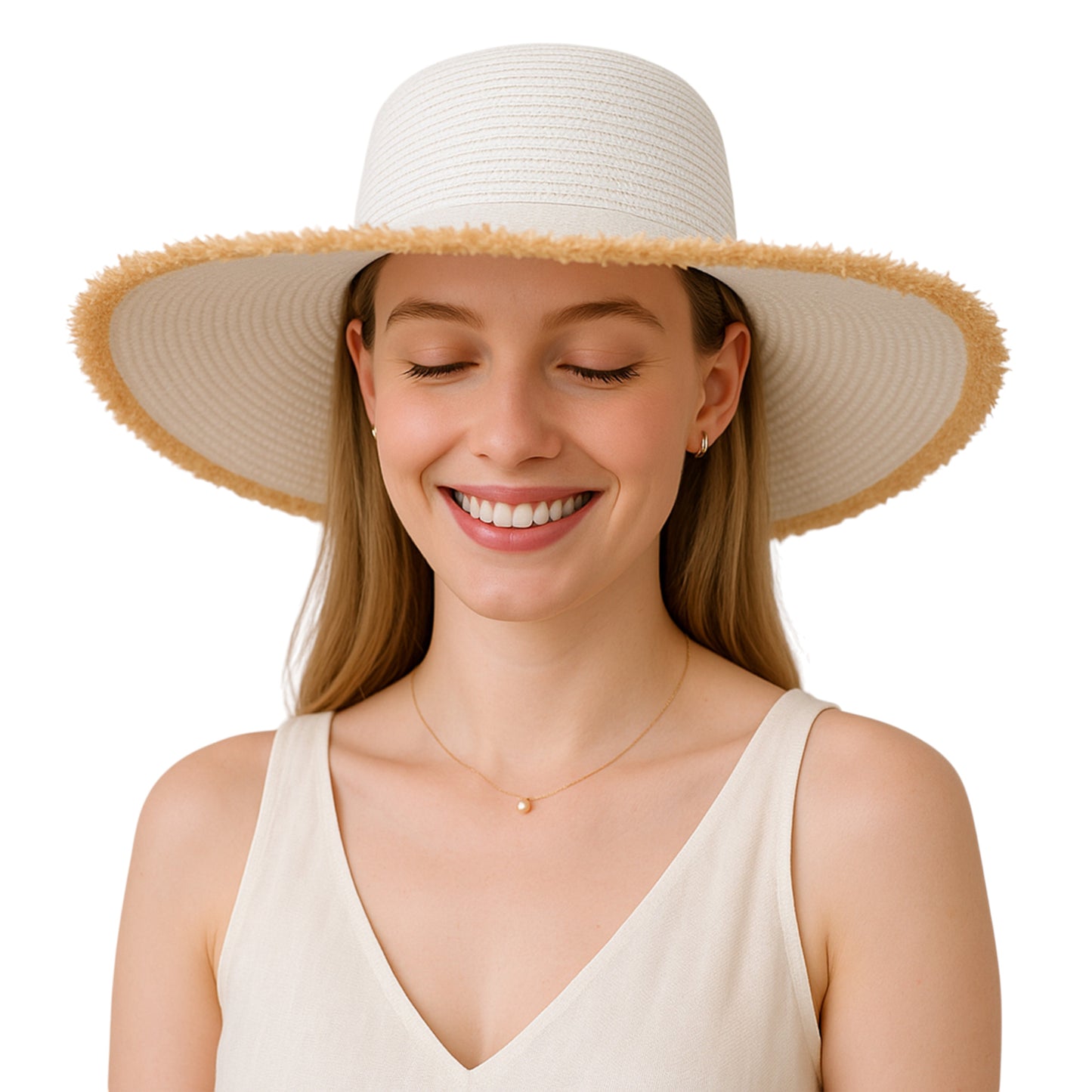 Wide Brim Straw Floppy Hat with Frayed Edges Lightweight Sun Protection for Beach Vacation Outdoor Travel Style