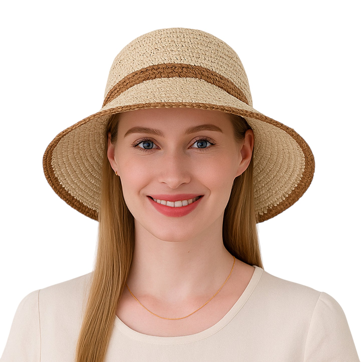 Packable Crochet Straw Bucket Hat with Two-Tone Design Lightweight Summer Sun Hat for Beach Travel Hiking Outdoor Use