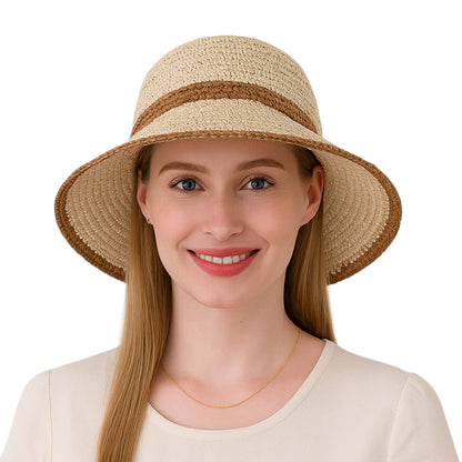 Packable Crochet Straw Bucket Hat with Two-Tone Design Lightweight Summer Sun Hat for Beach Travel Hiking Outdoor Use