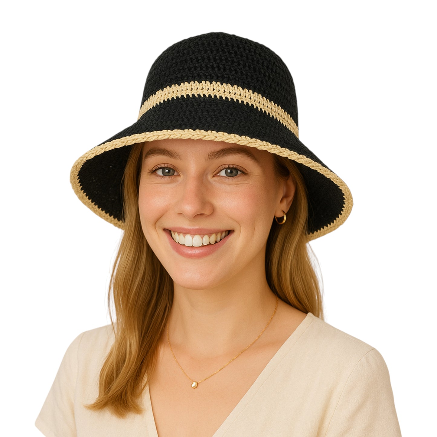 Packable Crochet Straw Bucket Hat with Two-Tone Design Lightweight Summer Sun Hat for Beach Travel Hiking Outdoor Use