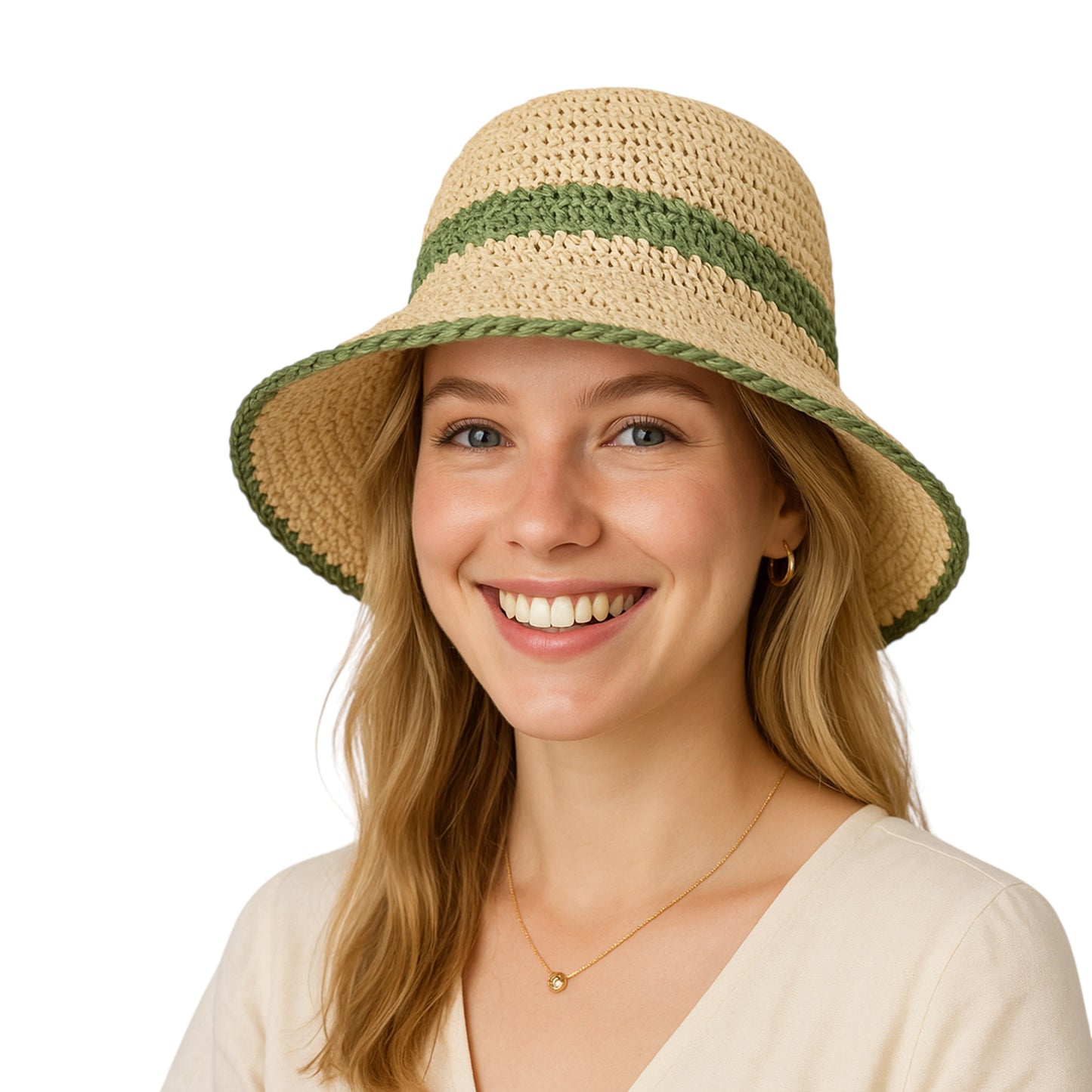 Packable Crochet Straw Bucket Hat with Two-Tone Design Lightweight Summer Sun Hat for Beach Travel Hiking Outdoor Use